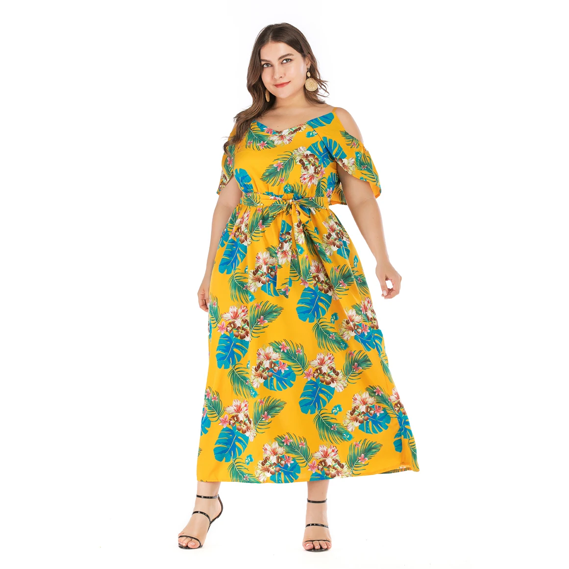 Женская мода жира плюс размер с короткими рукавами в цветочек печати V шеи