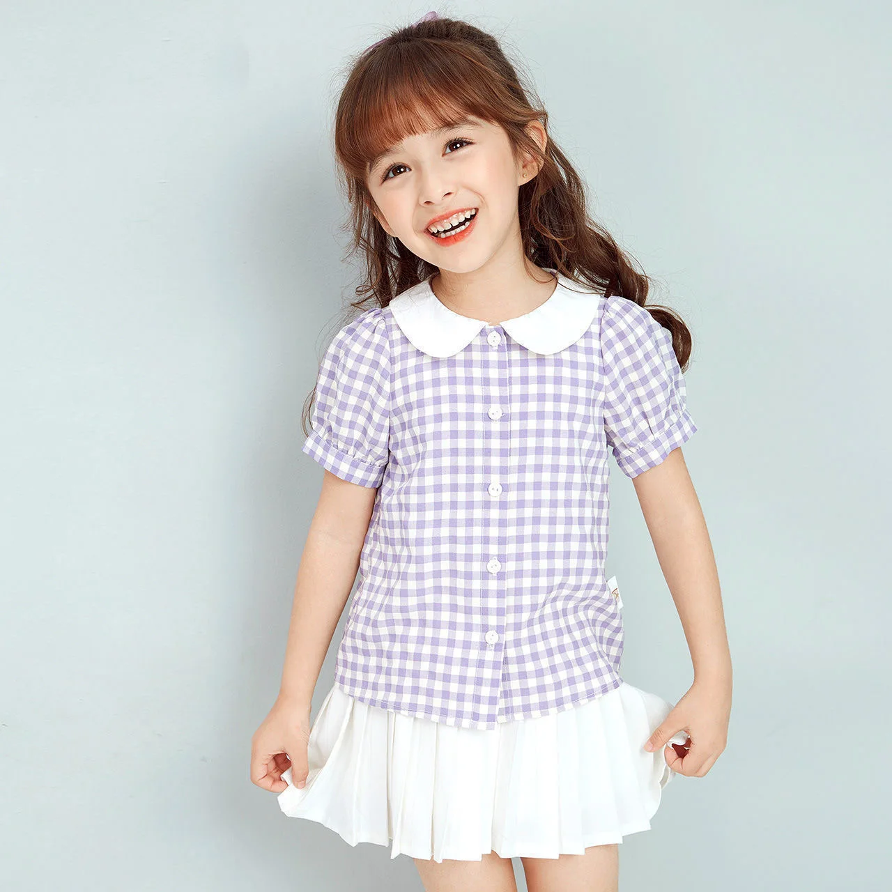 Клетчатые Детские футболки в Корейском стиле Стиль блузки для девочек с пышными