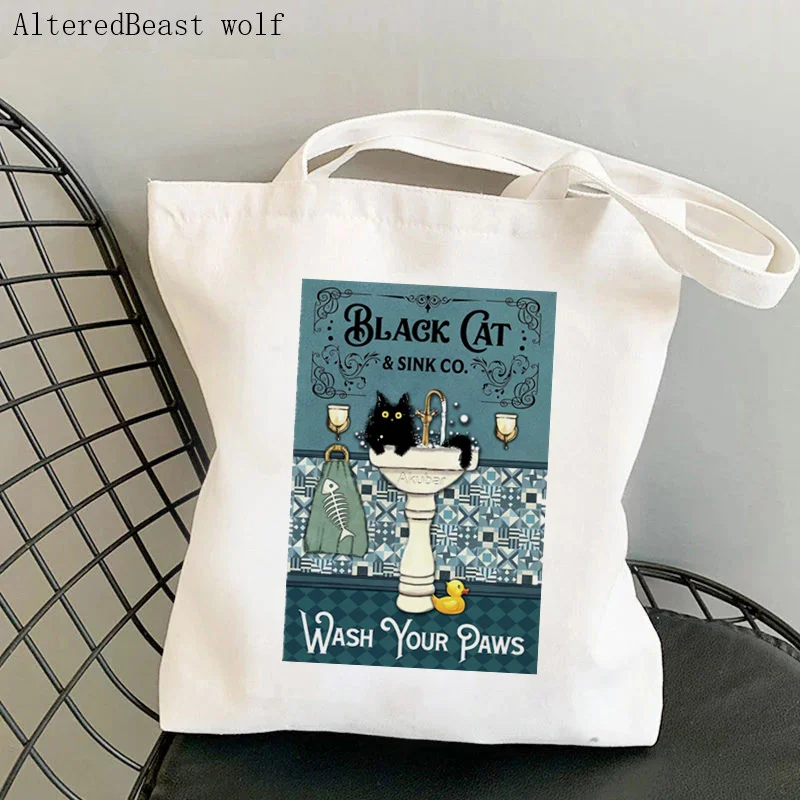 

Women Shopper bag Black Cat And Sink Co. Wash Your Paws Bag Harajuku Shopping Canvas Bag girl handbag Tote Shoulder Lady Bag