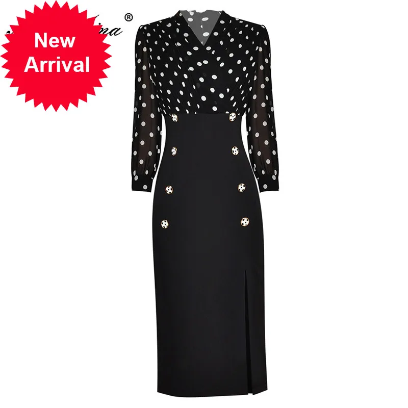 

2021 Summer Runway Women New High street Elegant Dress Ladies V-neck Fashion Polka Dot Print Slim Midi Dress Vestidos