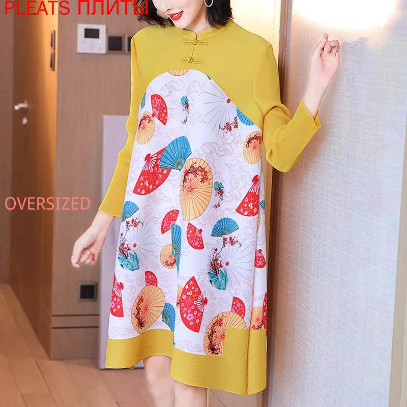 

Chinese Style Improved Cheongsam Dress Spring New Women's Fashion Print Reduced Age Plus Size Show Thin MIYAKE Pleats Vestido