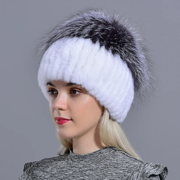 winter women hats fox rabbit fur pompom skullies beanies warm elastic fashionable fluffy thick outdoor stylish natural fur hats - Цвет: White