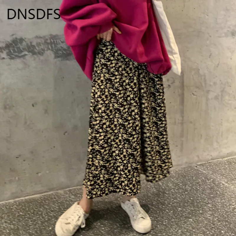 

Spring Korean Fashion Women Skirts Loose Preppy Style Print Mid-Calf Floral Skirt Casual Chiffon High Waist Skirt Female Leisure