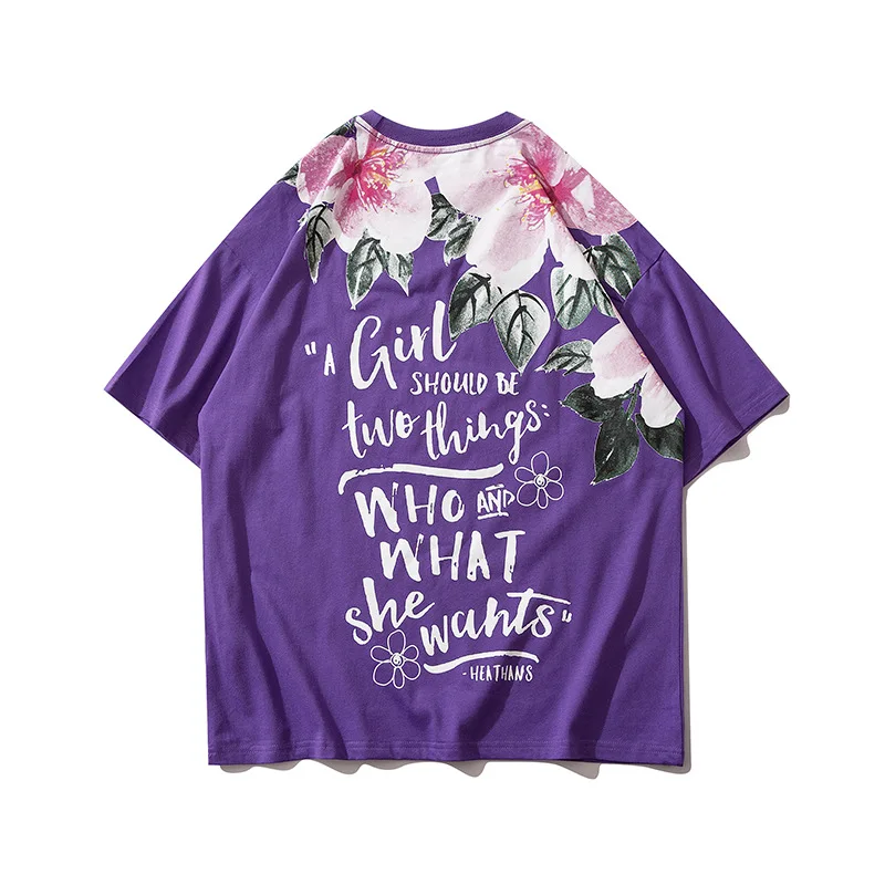 

Hip Hop Harajuku Flowers Letter Print Tee Shirts Couple Dress Fashion Short Sleeve Tops Women's Casual Loose 100% Cotton Tshirts