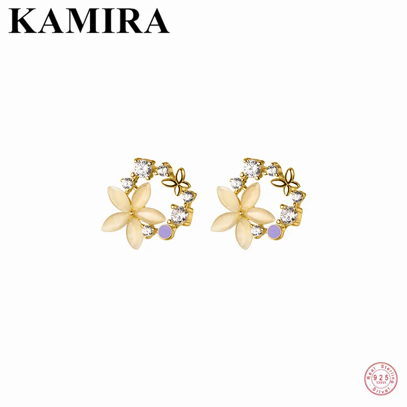 

KAMIRA 925 Sterling Silver Korean Sweet Synthetic Opal Flower Stud Earrings for Women Teen Party Romantic Cute Fine Jewelry Gift