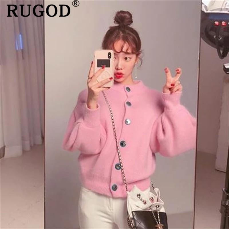 RUGOD корейский вязаный женский элегантный сладкий фонарь рукав зимнее теплое пальто женский модный однобортный свитер