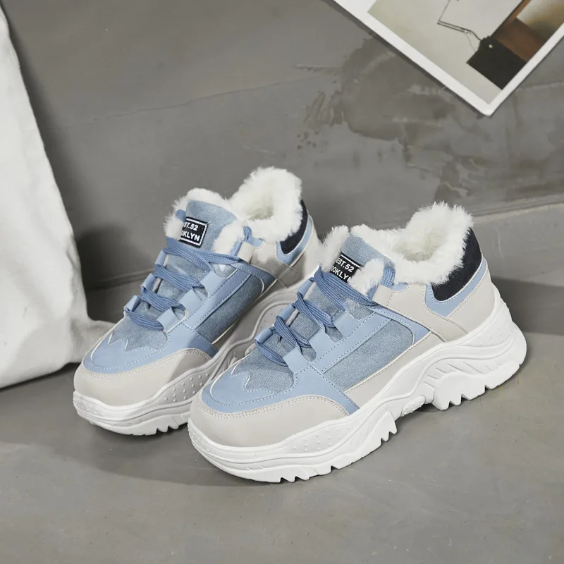 

2019 Women Casual Sneakers Winter Sneakers Plush Fur Warm Women Shoes Lace Up Female Boots Comrfortable Platform Shoes Women