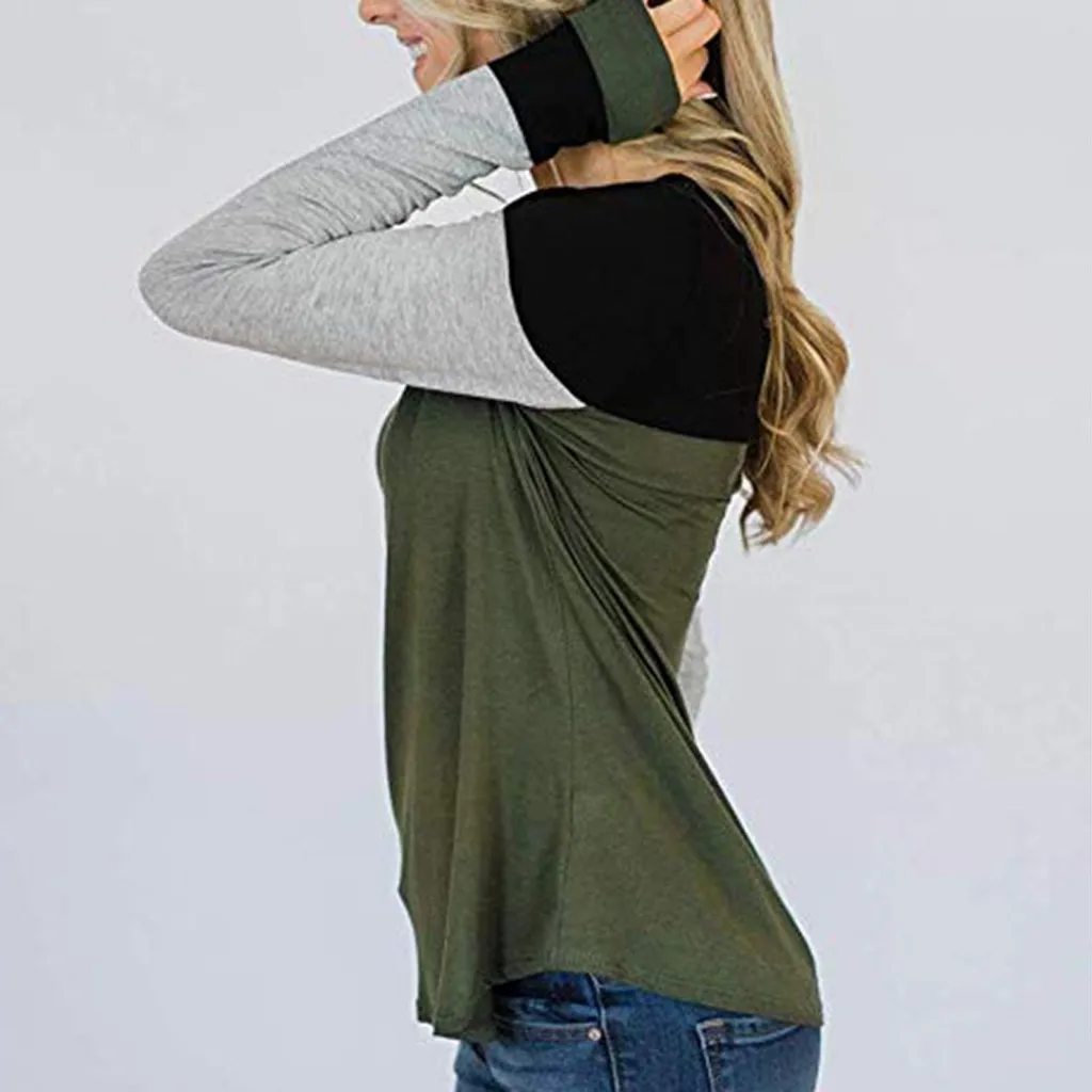 

FREE OSTRICH Blusas Blouse Women's Fashion Casual Color Block Round Neck Long Sleeve Loose Pullover Shirs Tops Female Plus Size