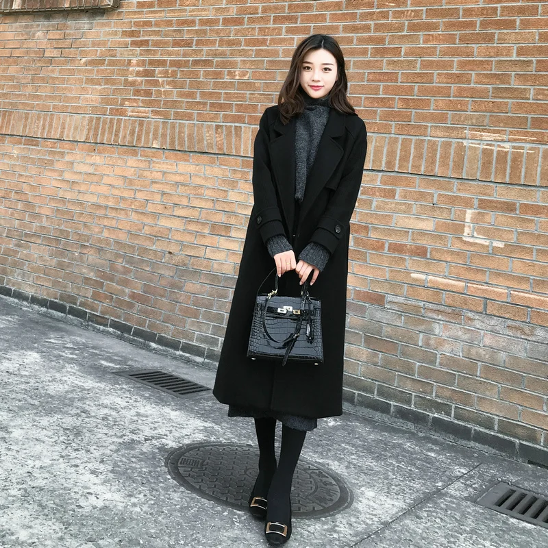 

Женское длинное шерстяное пальто, черное шерстяное пальто, сезон осень-зима, 2021