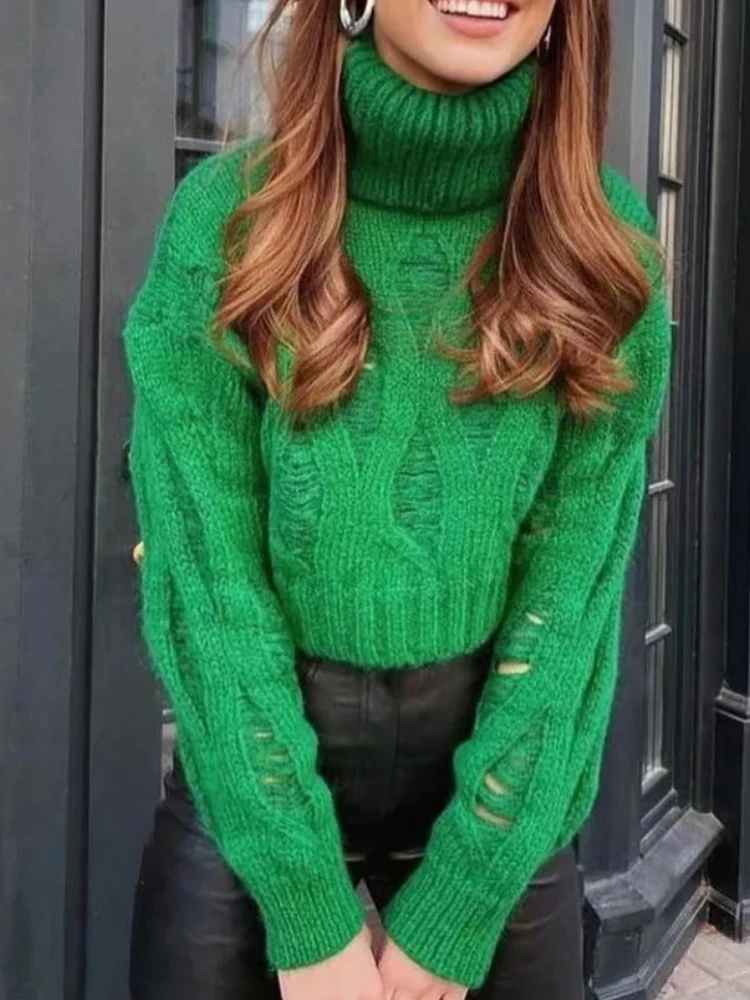 

BBWM Vintage Women Solid Knitted Turtleneck Sweaters 2022 New Fashion Elegant Female Knitting Short Sweater Pullovers Chic