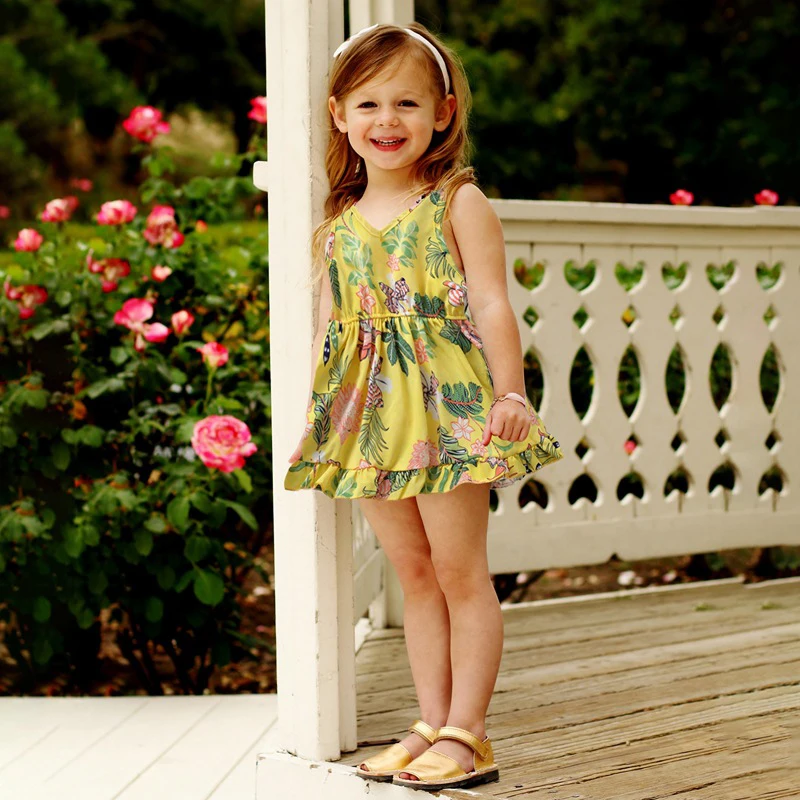 

Girls V-Neck Print Dress Summer Cute Flowers Sleeveless Children's Mini Short Dresses WT591