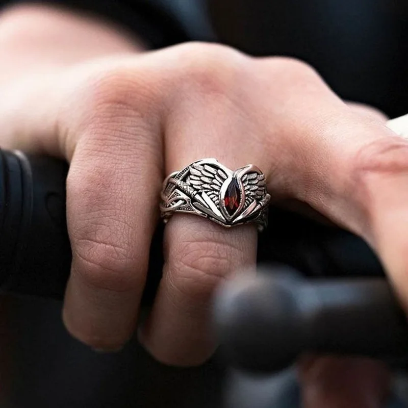 

Vintage s925 Silver Plated Angel Rings Geometric Red Horse Eye Stone Abyss Demon Domineering Rings For Mens Finger Jewelry Punk