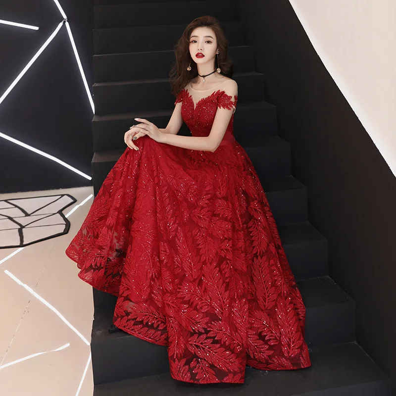 

Burgundy Lace Oriental Style Banquet Dresses Chinese Vintage Wedding Cheongsam Elegant Long Evening Party GownsSize XS - XXL