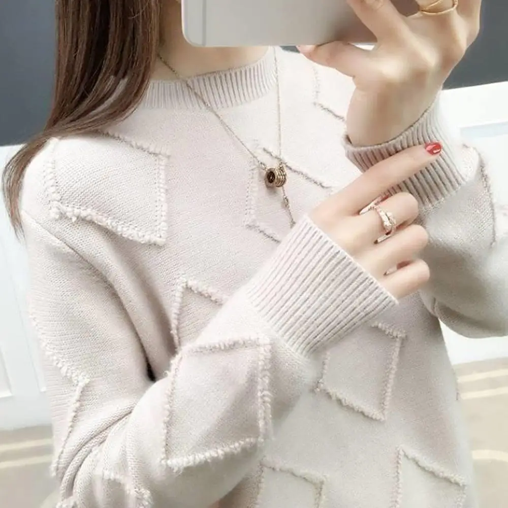 

2019 Autumn And Winter Warm Sweater Ladies Solid Color Argyle Long Sleeve O-neck Knit Sweater Pullover Top
