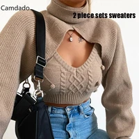 autumn turtleneck women sweaters fashion knit vest sexy backless top knitted new jumper hairball 2 piece set winter 2021