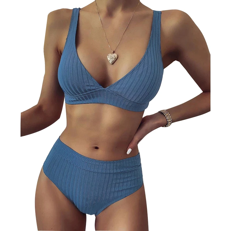 

2021 New Sexy Women's Solid Color Ribbed High Waist V-Neck Women's Sports Swimsuit Striped Bikini Suit