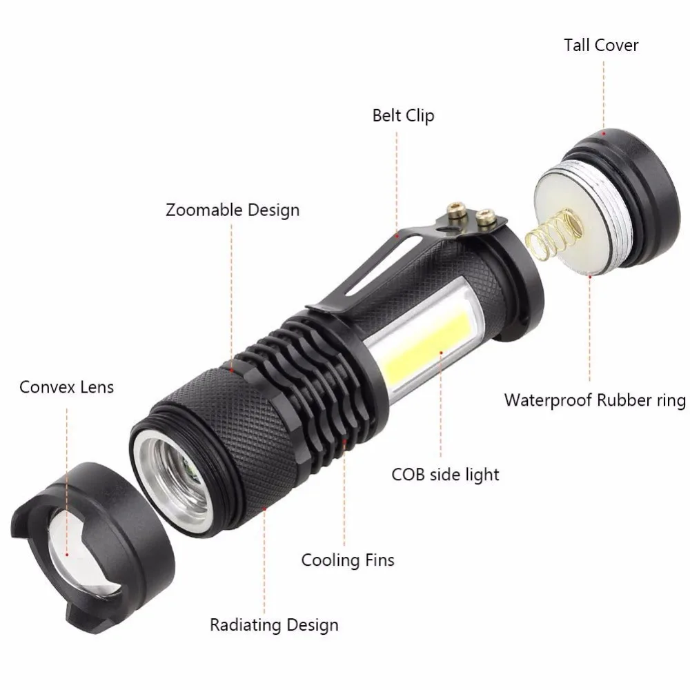 Портативный светодиодный фонарик Q5 + COB Mini Black 2000LM Водонепроницаемый фонарь с