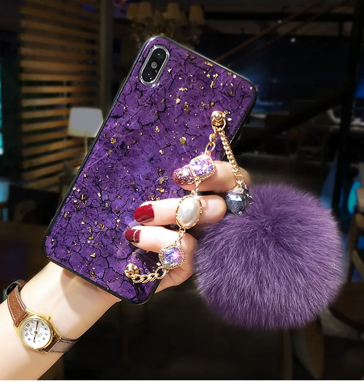 Роскошный Настоящий Лисий волос мяч блеск чехол для телефона для iPhone 11 Pro Max 7 8 6 6S Plus XR XS MAX X чехол s Coque для iPhone XS MAX оболочка - Цвет: Фиолетовый
