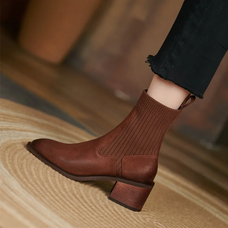 

HKXN Pu Leather Mid Heel Women Ankle Boots Chunky Heel Shoes Square Head Short Boots Splicing Stretch Cloth Women Casual Boots