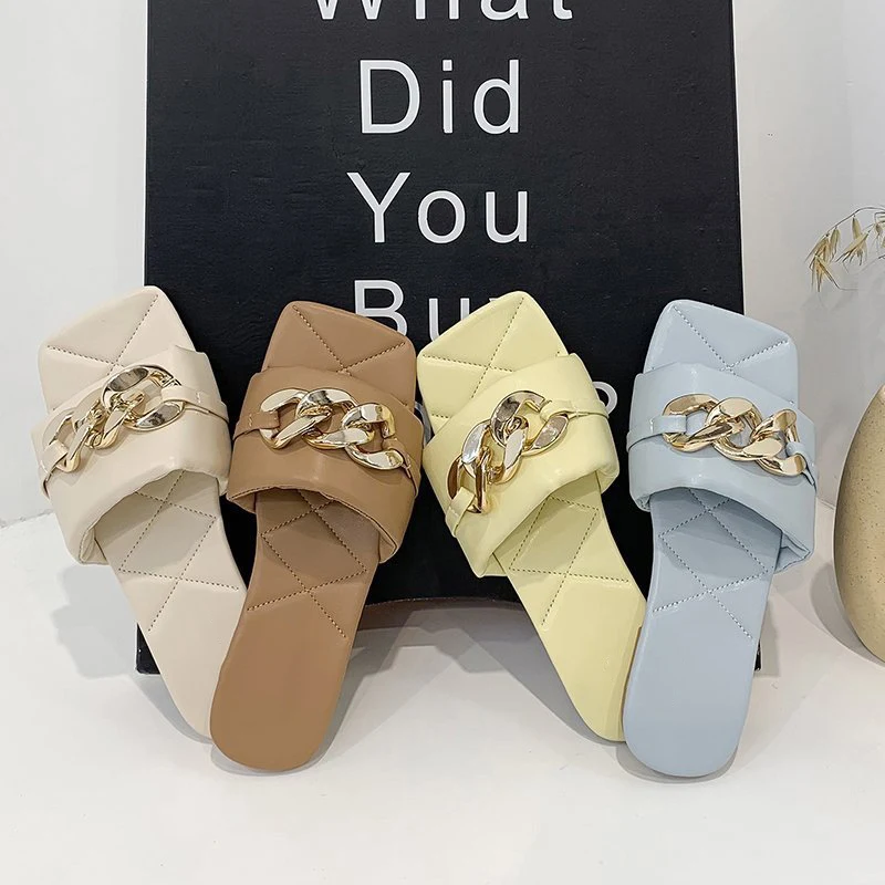 

2021 Women's Square Toe Slippers Ladies Fashion candy color Slipper Women Solid Casual Flats Chain Shoe Female Platform Footwear