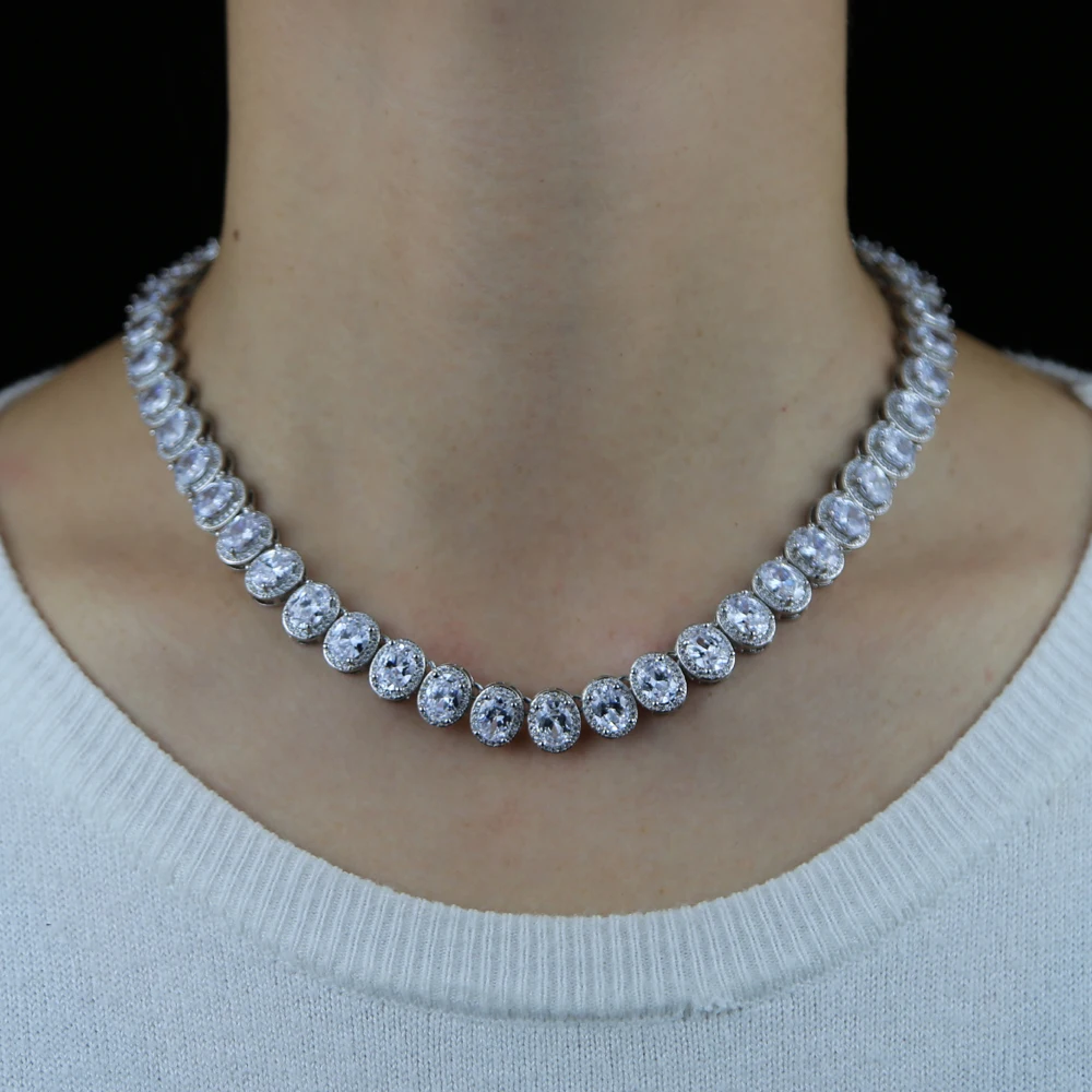 

High Quality Prong Set Big Size oval cz Tennis Chain Necklace Women Iced Out Bling CZ Charm Hip Hop Fashion Jewelry 2022