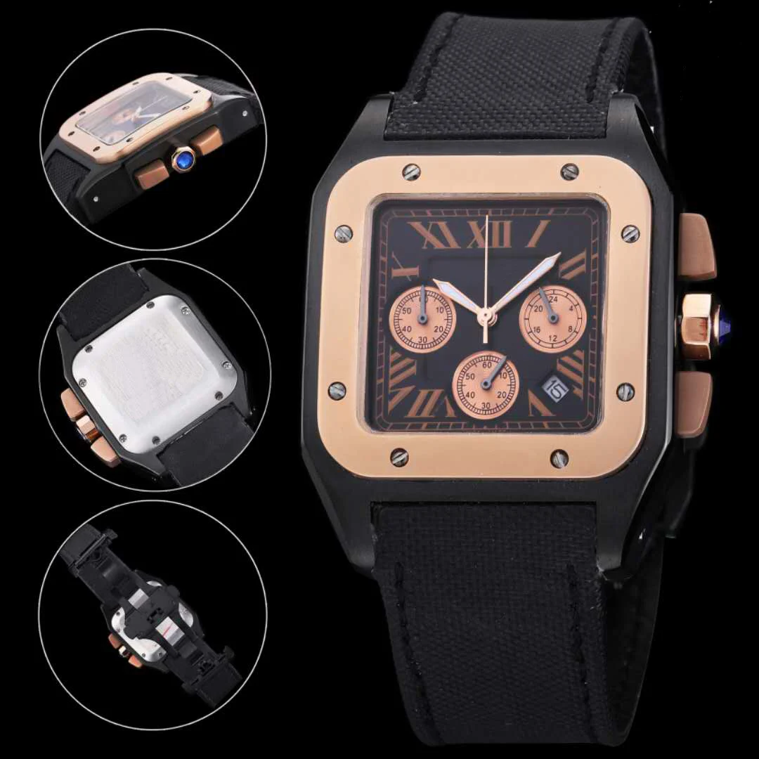 

Classic New Men Chronograph Rose Gold Black Stainless Steel Sapphire Glass Luminous Watch Stopwatch Sport Canvas Strap AAA+