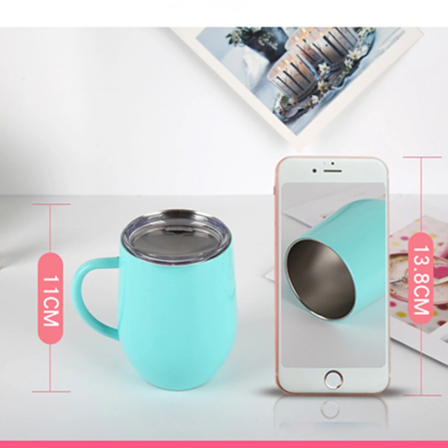 25 шт./лот, 12 унций, чашка в форме яйца с ручкой, стакан для вина, кружка для воды, термос для кофе, 18/8, вакуумная 2 стенка из нержавеющей стали