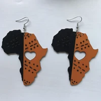 black queen wood africa map hollow out heart earrings vintage party african afro jewelry wooden diy club gift
