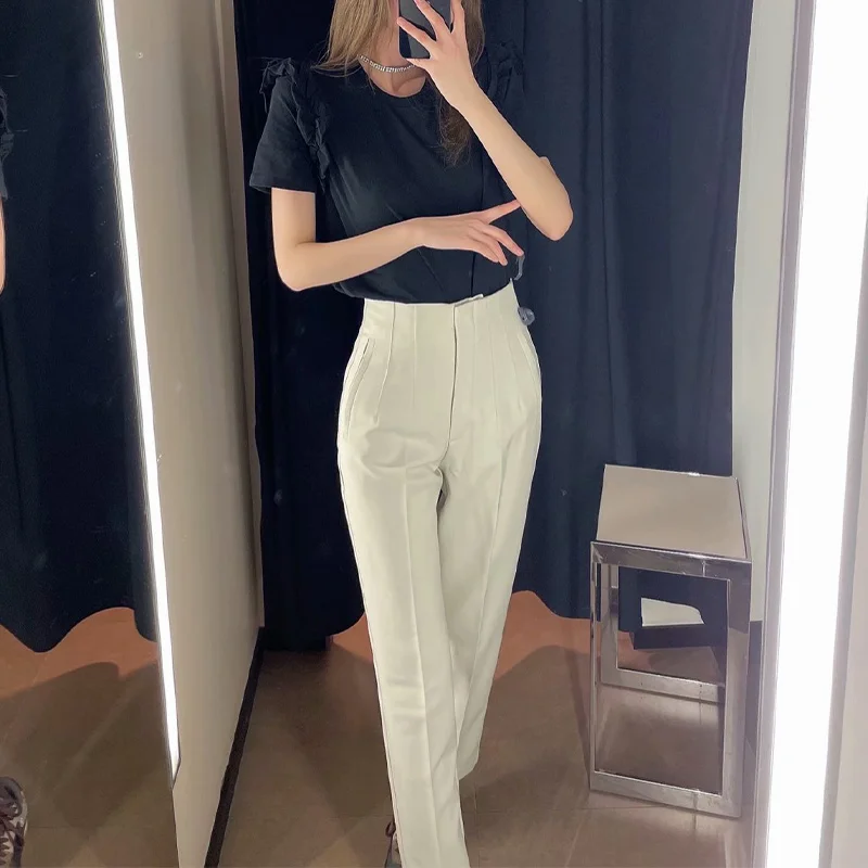 

Spring Pleated Pocket Zipper Women's Pants High Waist Solid Female Pencil Trousers 2021 Fashion Elegant Casual Office Lady Pant
