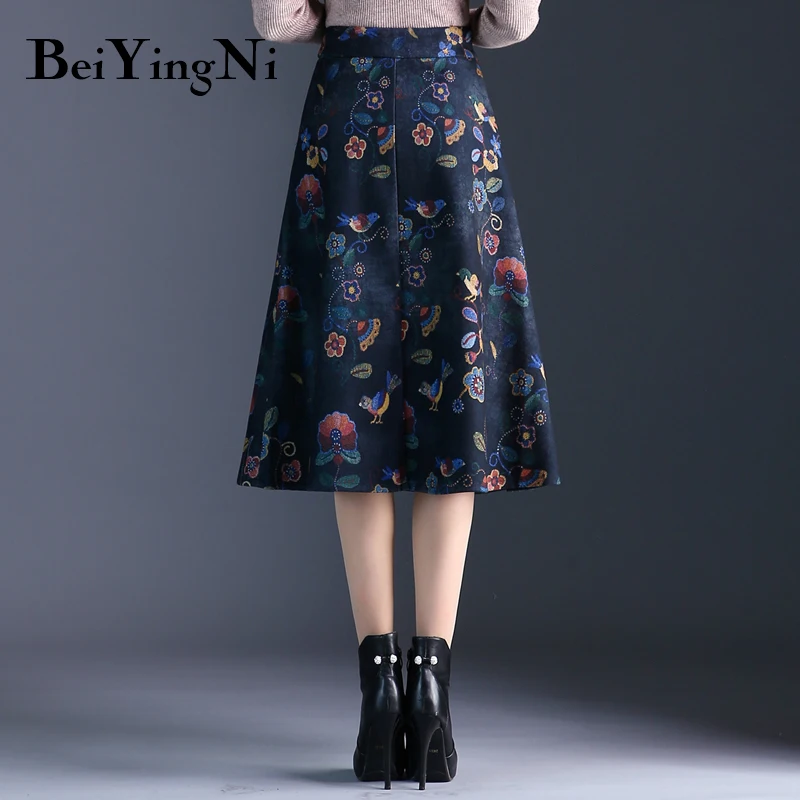 Beiyingni High Waist Skirt Women Plus Size Retro Korean Floral Print Midi Skirts New Arrival S-3XL Elegant Saias Autumn Winter