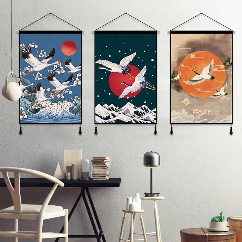 

Chinese Style Red-crowned Crane Wall Art Decor Canvas Scroll Paintings Tapestry Living Room Hanging Home Office Decor Posters