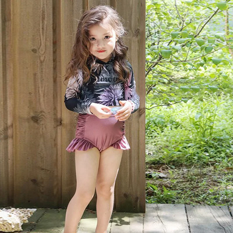 

Children's two piece swimsuit for medium/big lovely girls Korean style Long sleeve High-waisted Sun-proof Fast dry Bathing suit