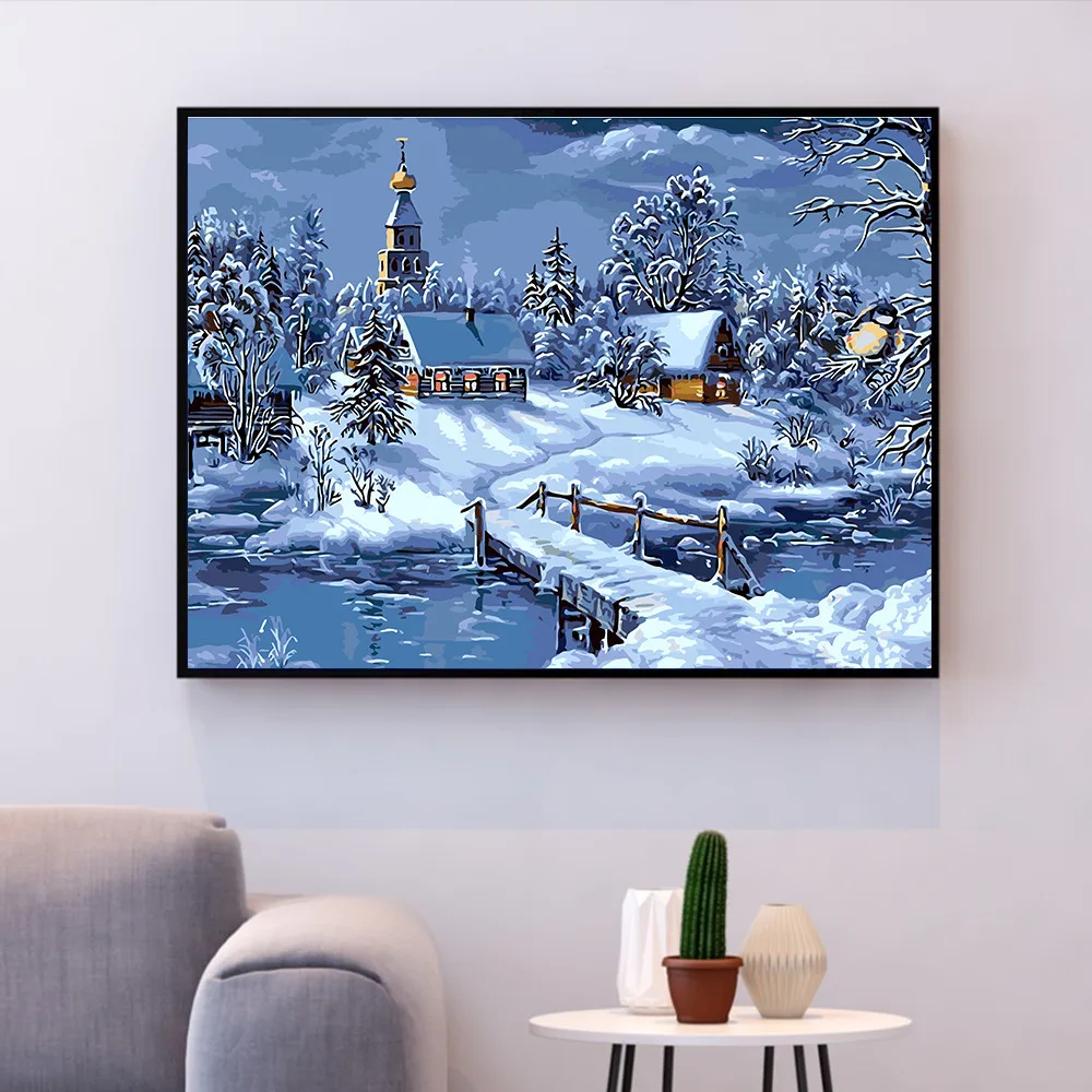 HUACAN снег пейзаж DIY цифровой Живопись числами Зимний городок Модерн Wall Art Холст для Живописи Уникальный подарок домашнего декора