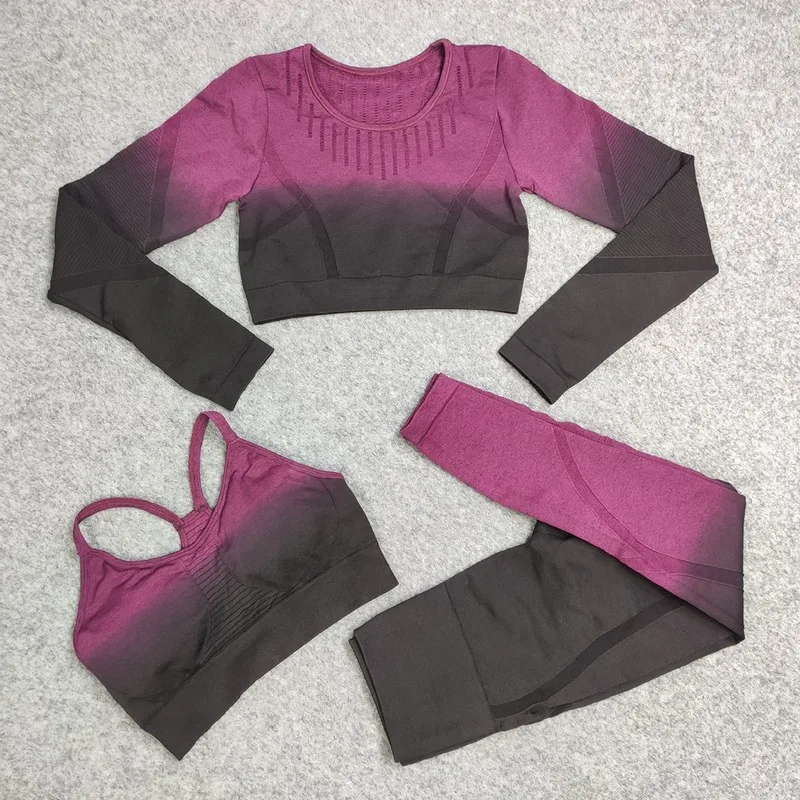 

Облегающая эластичная тонкая бесшовная Одежда Для Йоги Женский костюм для фитнеса с длинным рукавом спортивный костюм-тройка с высокой тал...