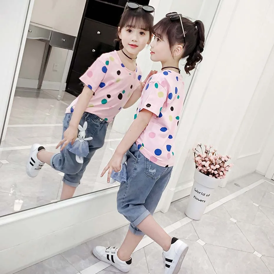 Коллекция 2020 года детские футболки цветная футболка в горошек для девочек топы с