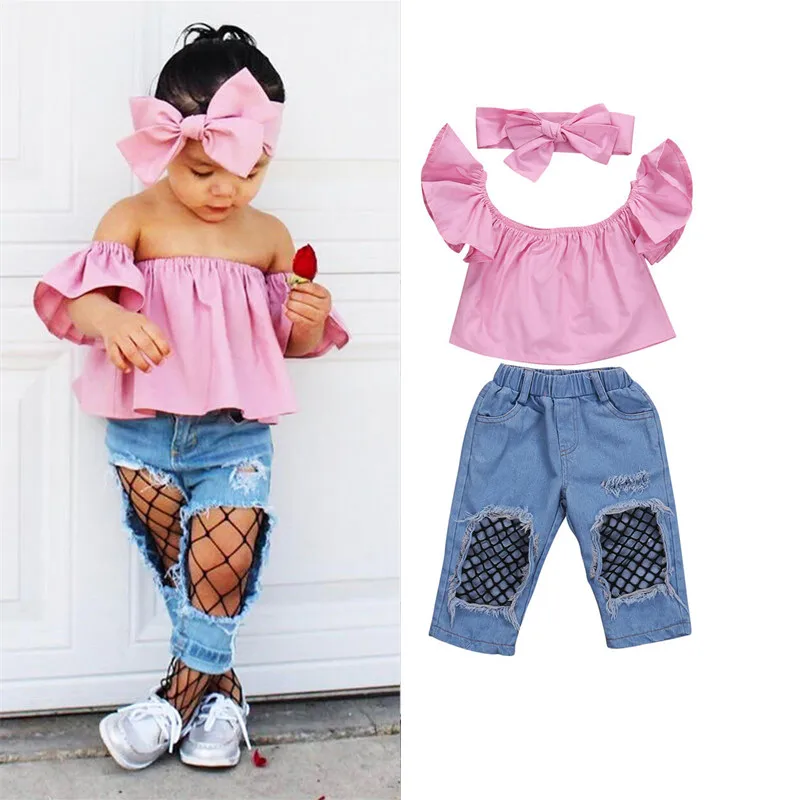 2 шт. кружевная рубашка с открытыми плечами и джинсовые брюки|Комплекты одежды| |