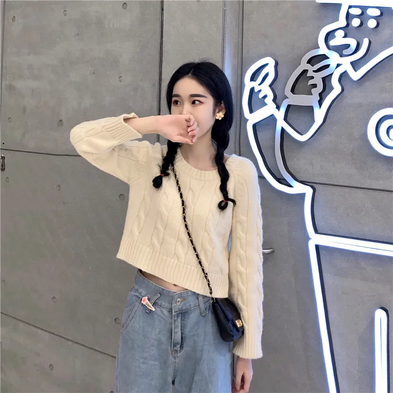 Autumn Winter New Women's Short Pullovers Sweater Twist Knitting Full Sleeve Solid Fashion Vintage Casual Tops T98506D