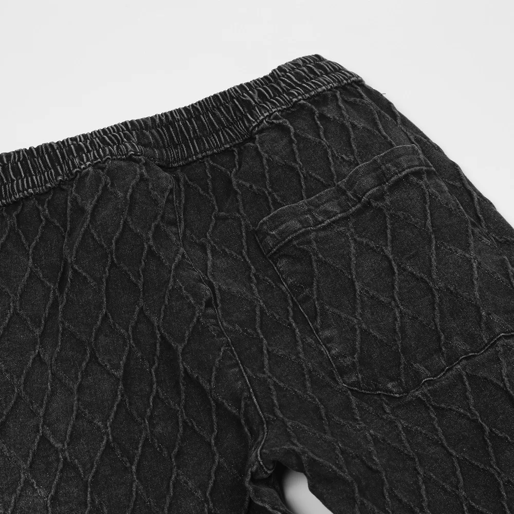 2021 New Arrival Rhombus Plaid Washed Men Vintage Jeans Trousers Solid Slim Casual Slit Hem Drawstring Denim Pants Ropa Hombre