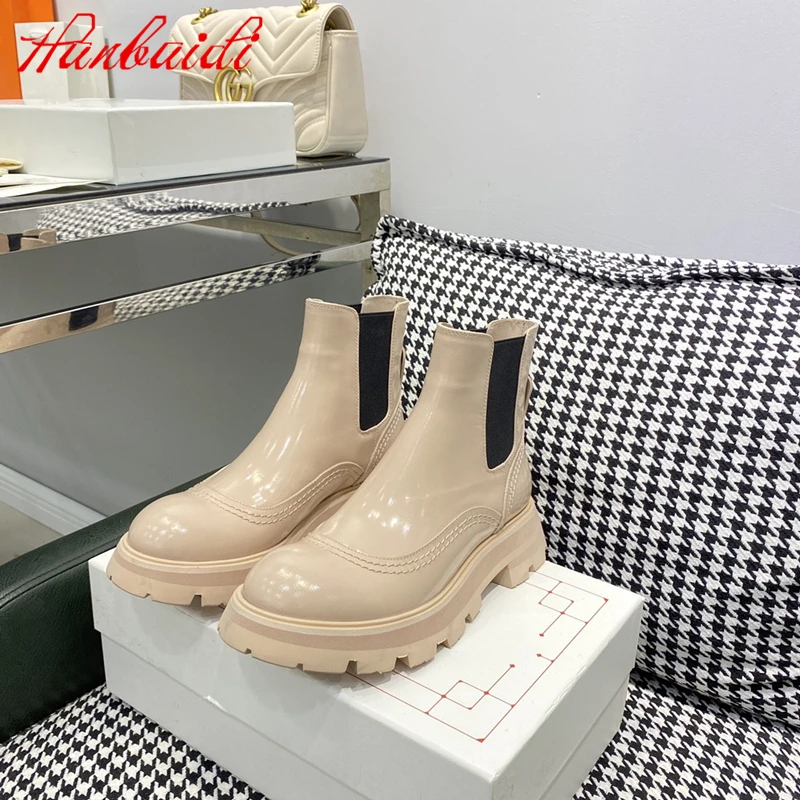 

ew Genuine Leather Chelsea Boots Sewing Patchwork Platform Designer Shoes Round Toe Slip On Botas Femininas Autumn Winter Boots