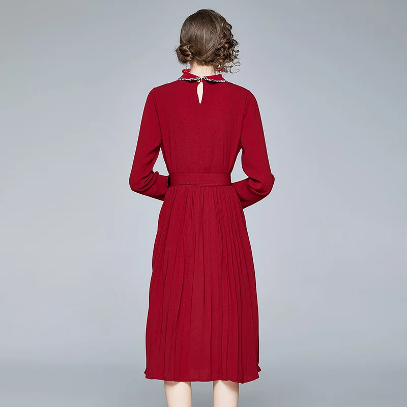 

Banulin Autumn Runway Long Sleeve Pleated Midi Dress Lady Work Bottons up Party Dresses Black Red Christmas Winter Dresses 2020