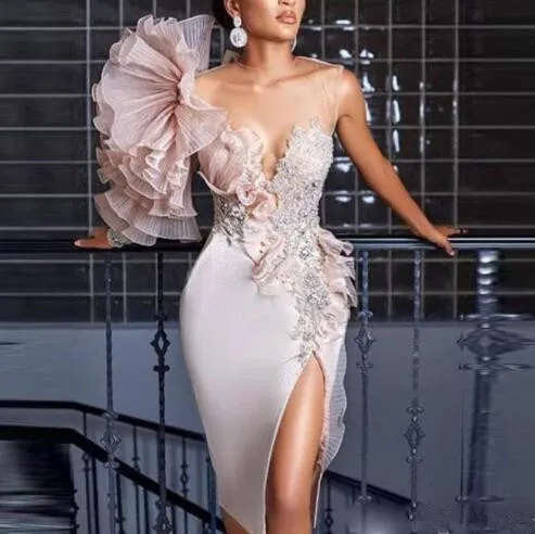 

2020 Stunning Evening Dresses Pink Lace Crumple Organza Beaded Sheer Jewel Neck High Front Split Formal Party Gowns Prom Dress