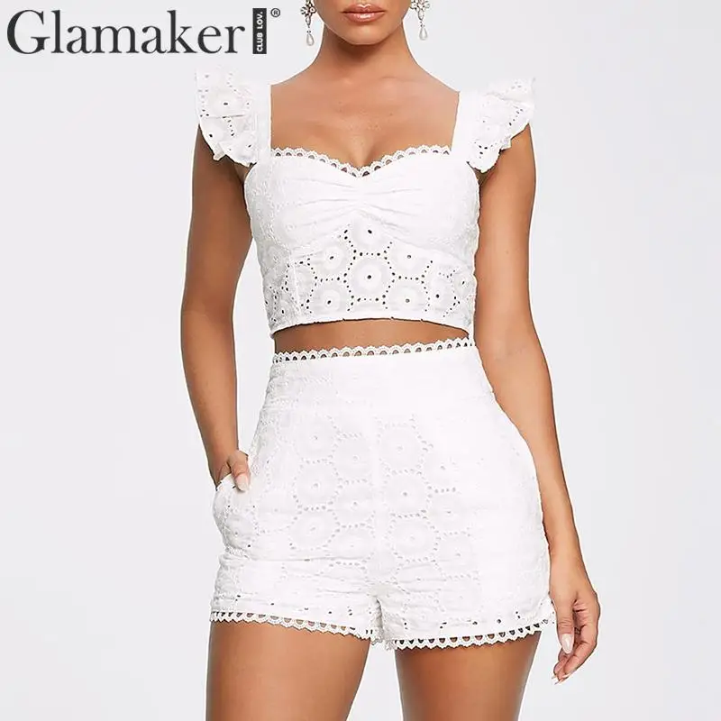Glamaker белый кружевной короткий сексуальный комбинезон с оборками женский костюм