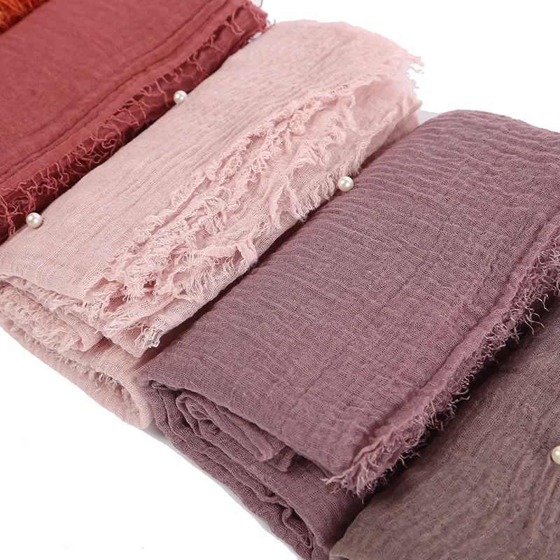 Women crinkle bubble cotton scarf shawls beads wrinkle crumple pearl pashmina wrap muslim headband winter scarves 55 color | Аксессуары