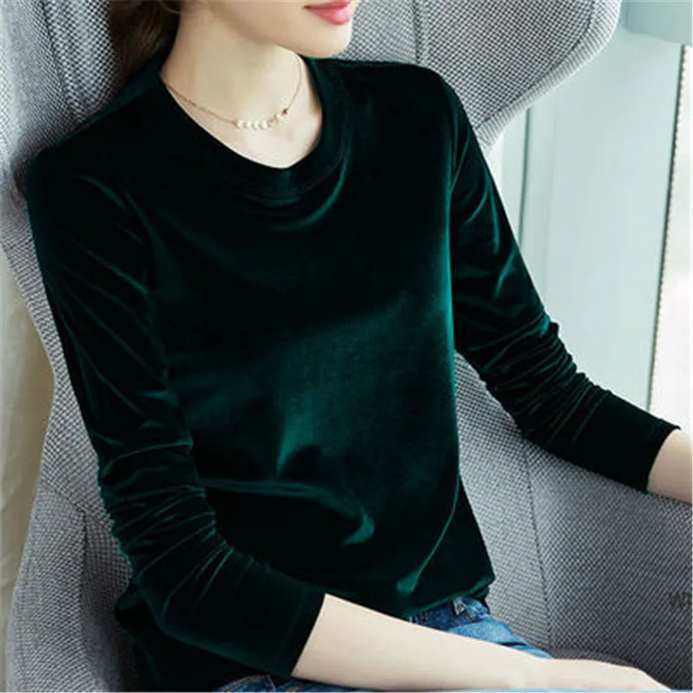 Женский бархатный пуловер с длинным рукавом однотонный теплый повседневный