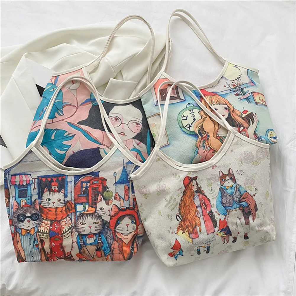 

Vintage Women Bags Canvas Oil Painting Print Shoulder Shopping Handbag Top-handle Handbag Female Portable for Shopping