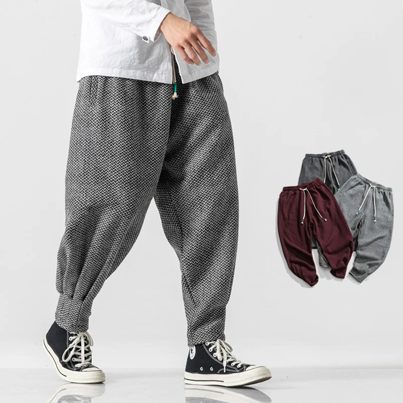 

Men Winter Thicken Wool Harem Pants Men's Chinese Style Warm Oversize Trousers Male 2021 Japan Casual Plaid Pant