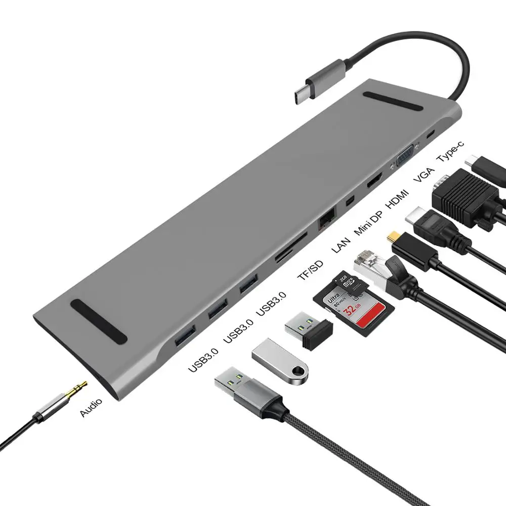 Док станция для ноутбука USB C несколько портов с HDMI/VGA/SD/TF/Mini DP/RJ45/USB 3 0/Аудио/Type