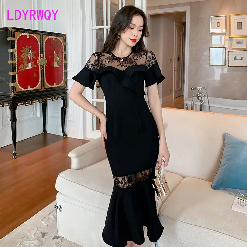 

LDYRWQY 2021 summer ruffled slim dress female lace stitching fishtail Office Lady Polyester Knee-Length