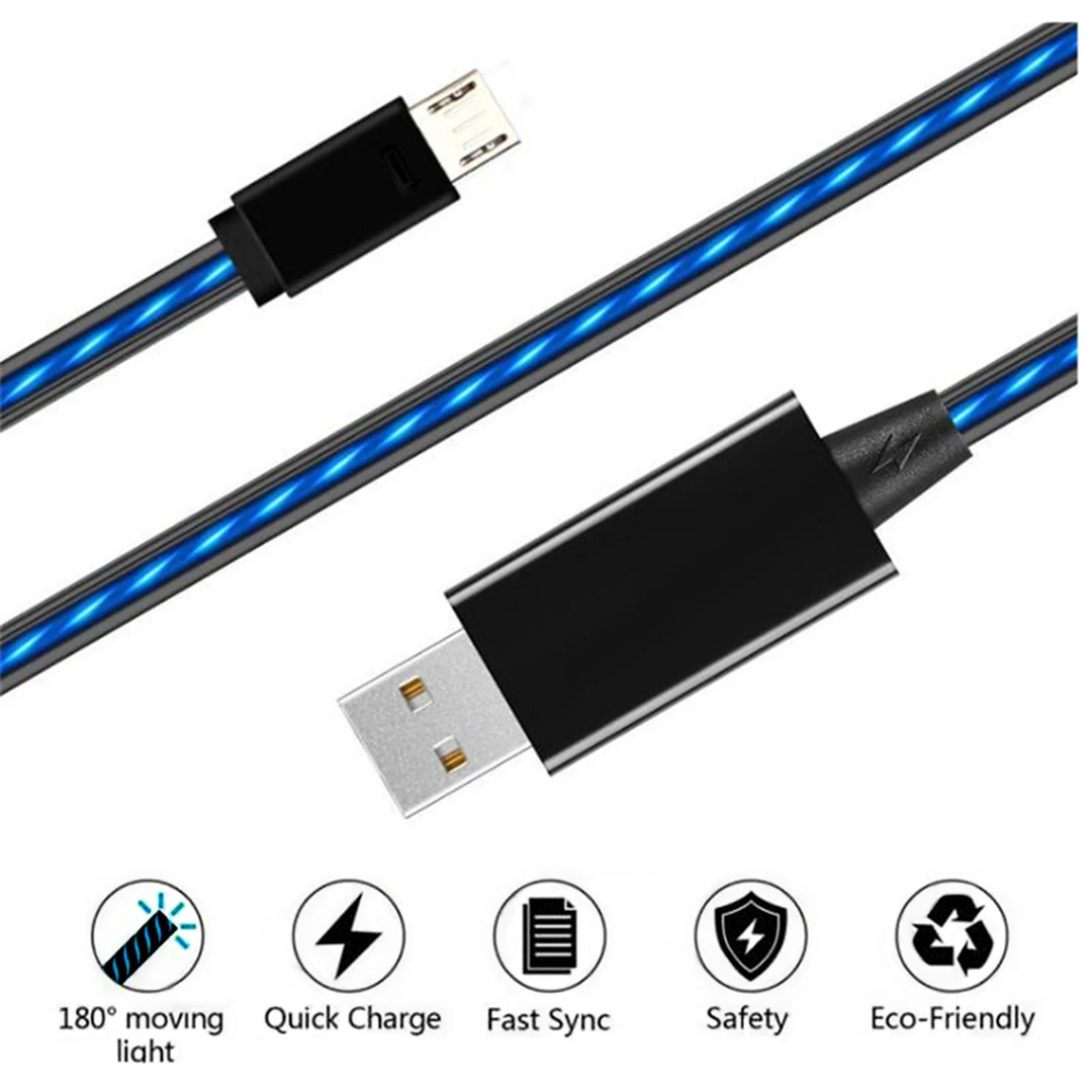 1 м струящийся светящийся зарядный USB кабель для передачи данных type C Micro USB светодиодный светящийся Шнур для iPhone Xiaomi huawei Быстрая зарядка яркий Кабо