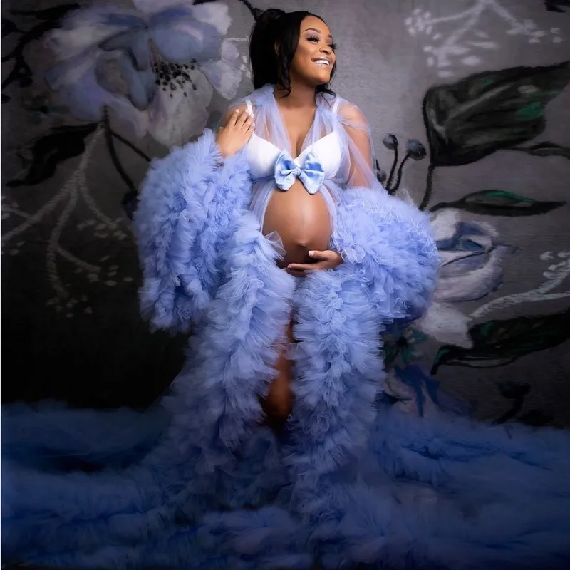 

Real Photo Tiered Ruffled Maternity Dress for Photoshoot robe de soiree Tulle Bathrobe Sexy Sheer Full Sleeve Evening Dresses